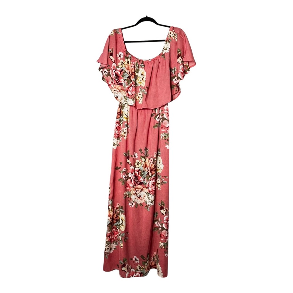 Oddi Womens Coral Pink Floral Off the Shoulder Ruffle Maxi Dress D20607 Medium